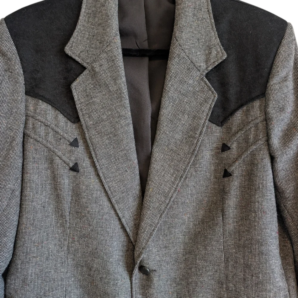 Vtg Pioneer Wear Western Blazer Jacket Black Gray Tweed 42L Men's